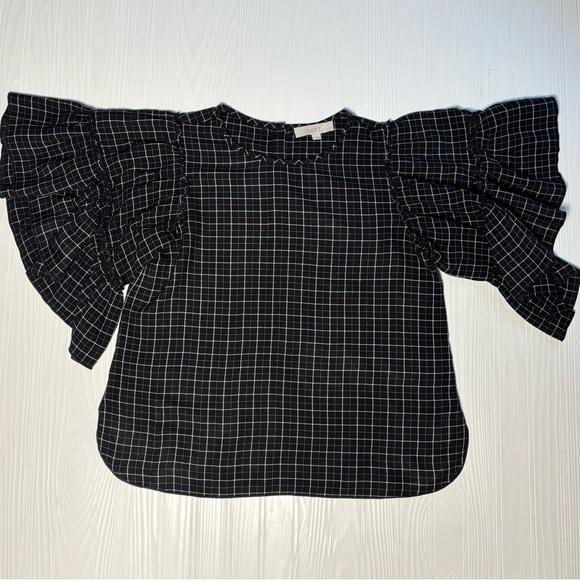 LOFT Women’s Black and White Checkered Top Tiered Bell Sleeves Size Small - Picture 2 of 5